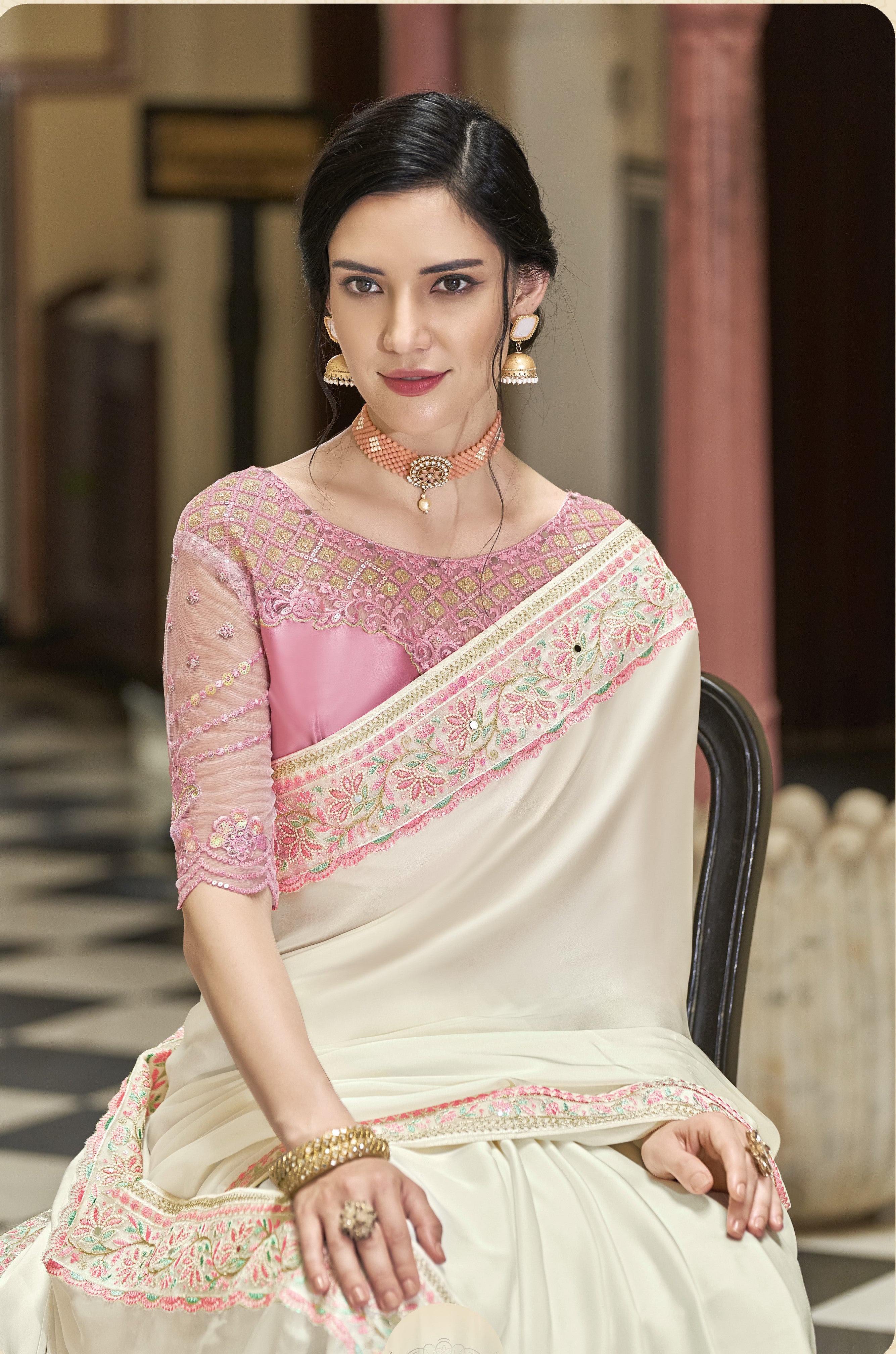 all about you Peach-Coloured Net Embroidered Saree - Absolutely Desi