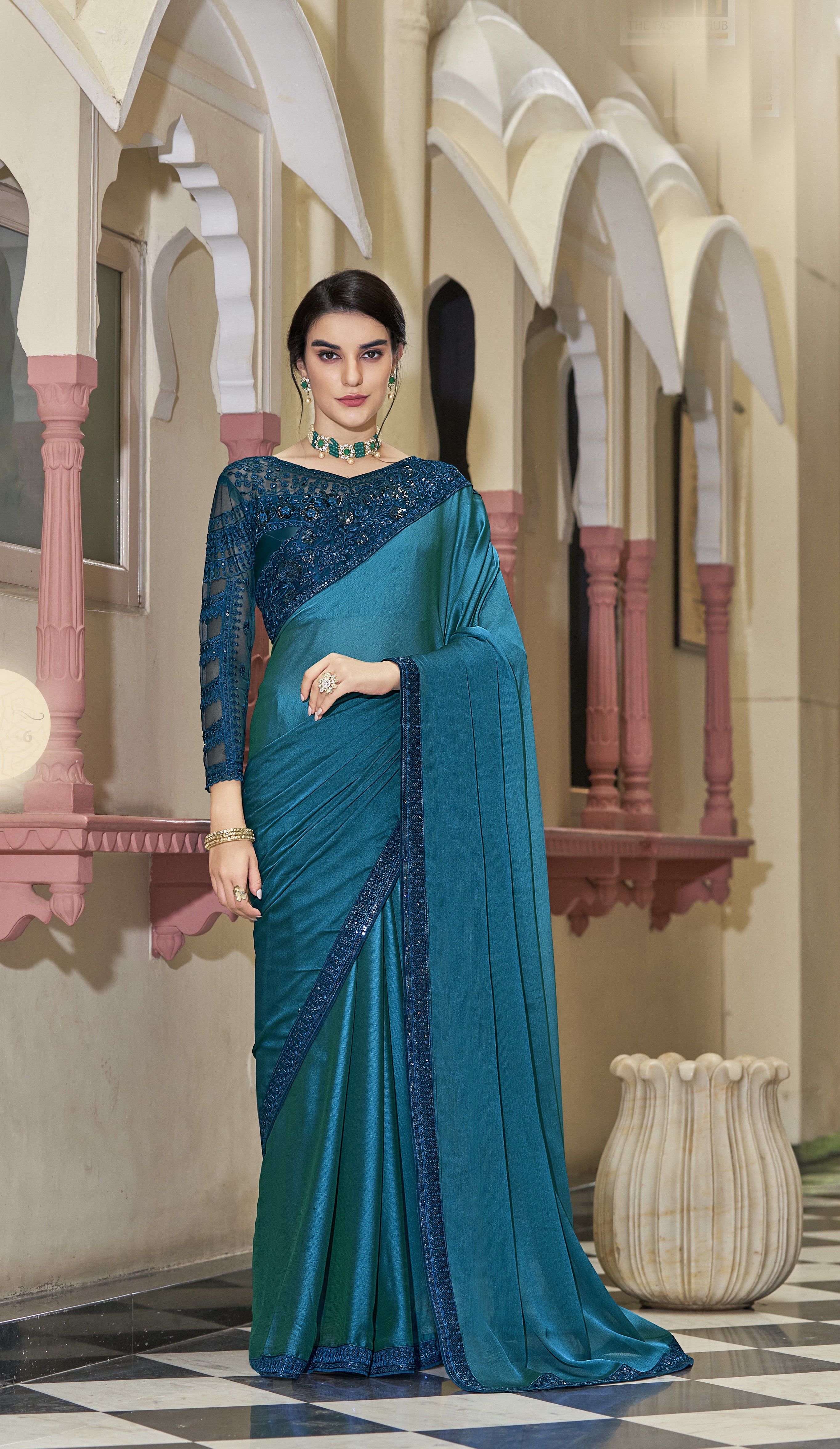 Embroidered Border Chiffon Georgette Saree in Teal Blue : SFVA3853