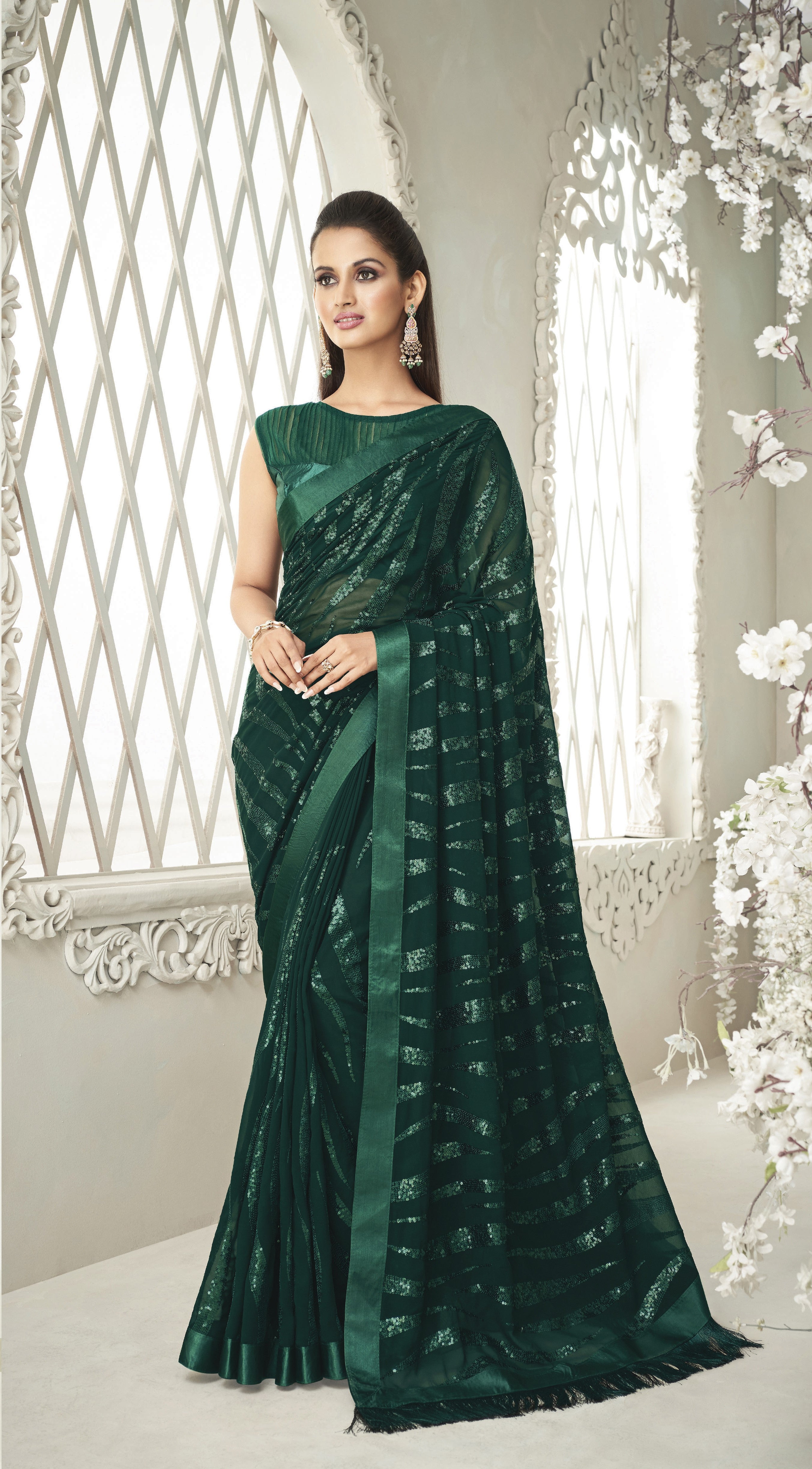 Gorgonize Shimmer Green Embroidered Designer Saree