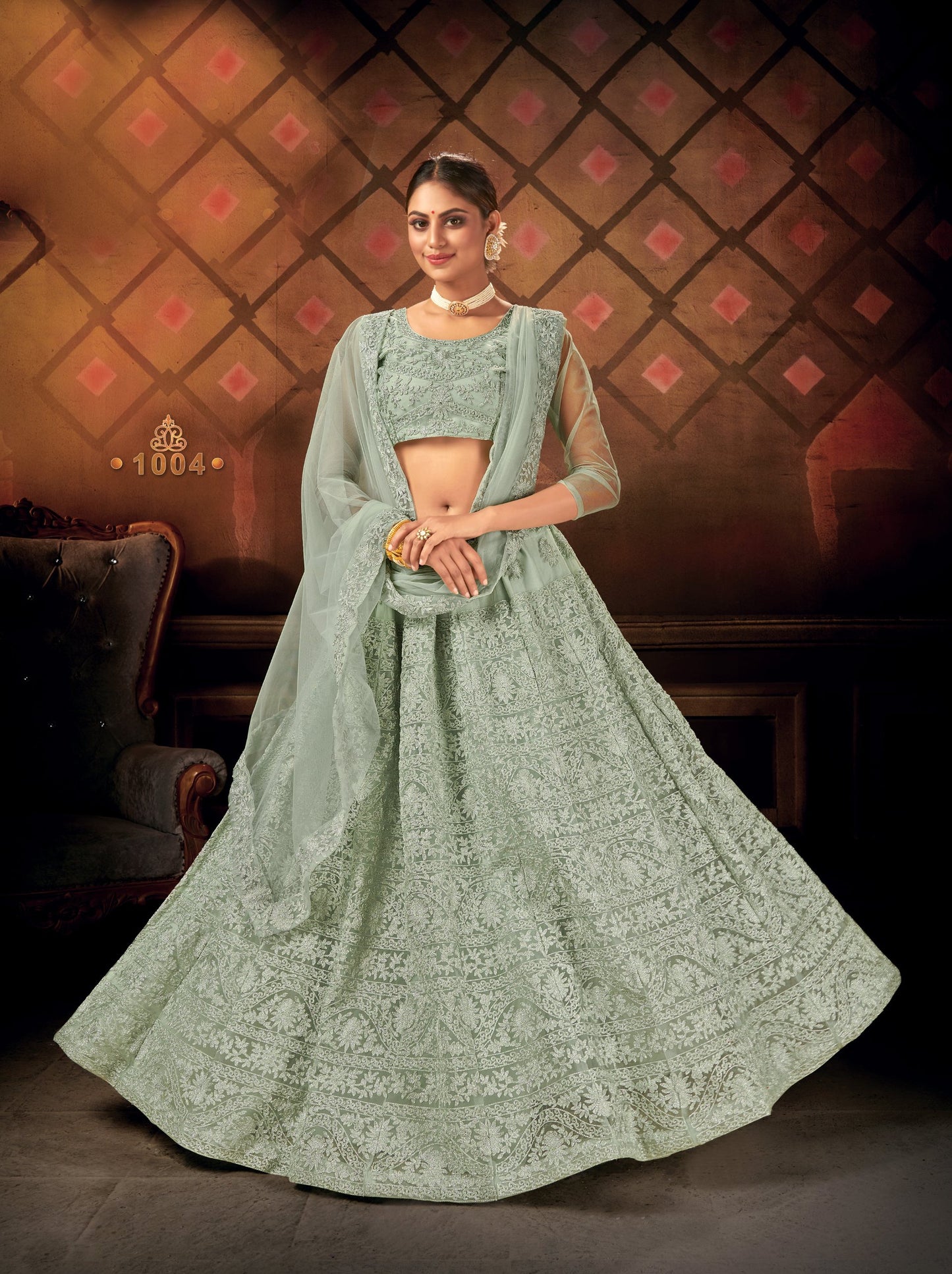 Sea Green Party Wear Resham Zari Embroidery Lehenga Choli