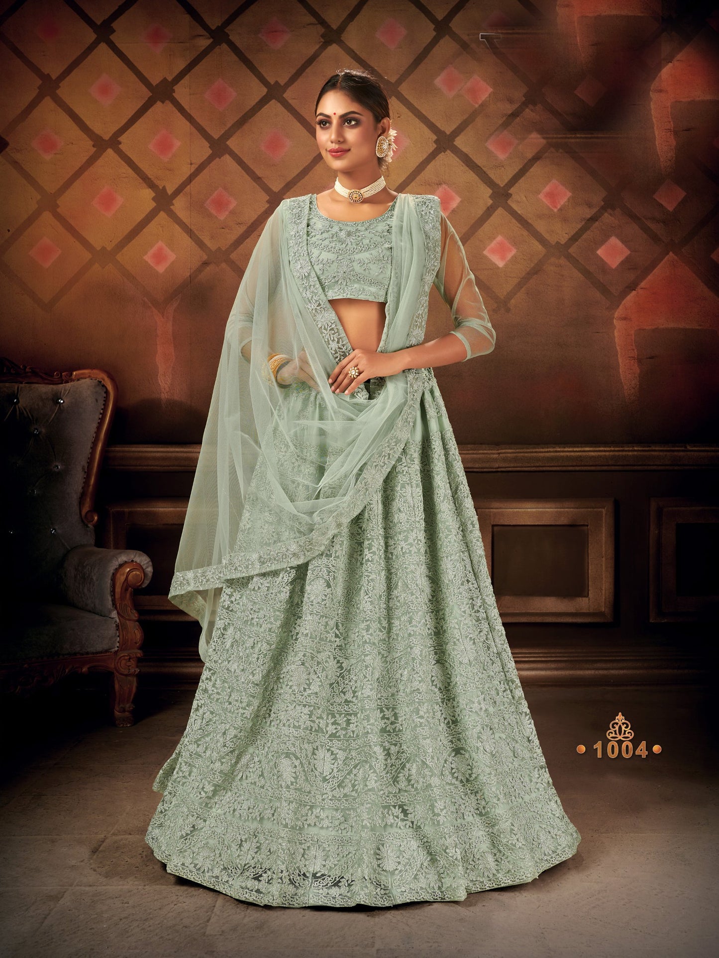 Sea Green Party Wear Resham Zari Embroidery Lehenga Choli