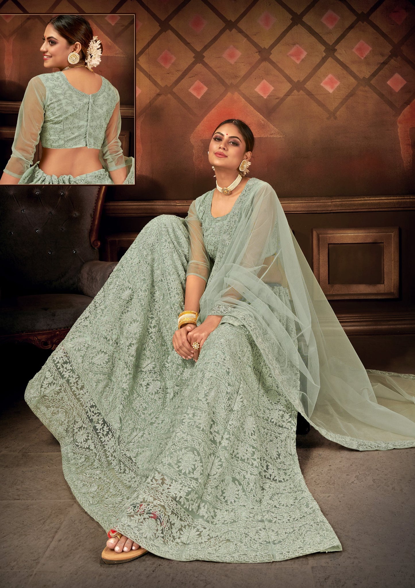 Sea Green Party Wear Resham Zari Embroidery Lehenga Choli