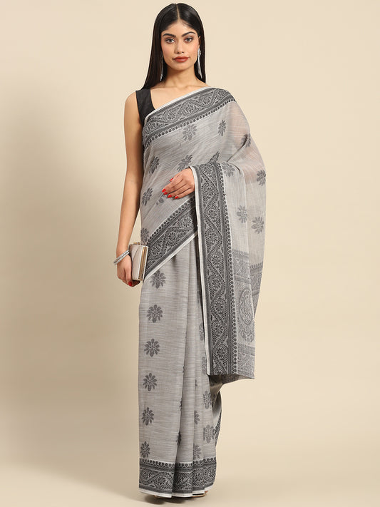 Grey Partywear Woven Printed Linen Saree
