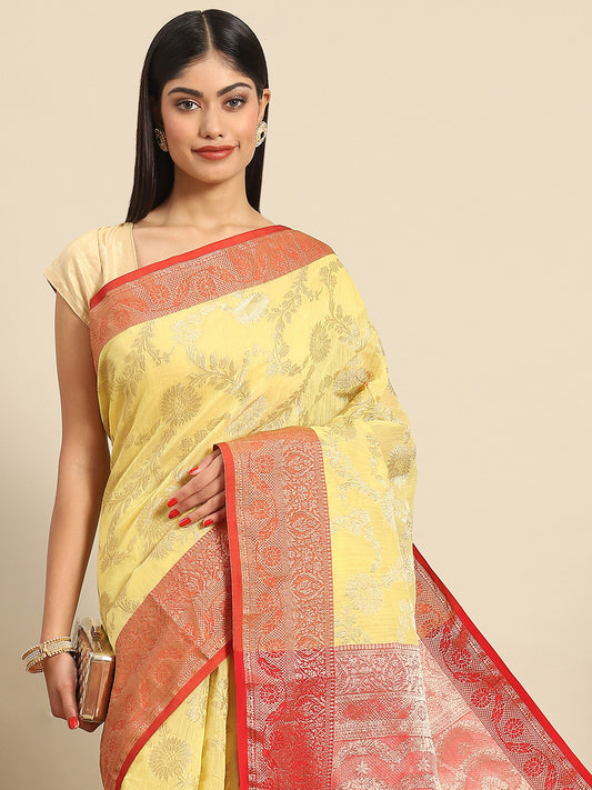 Yellow Festive Wear Woven Printed Linen saree